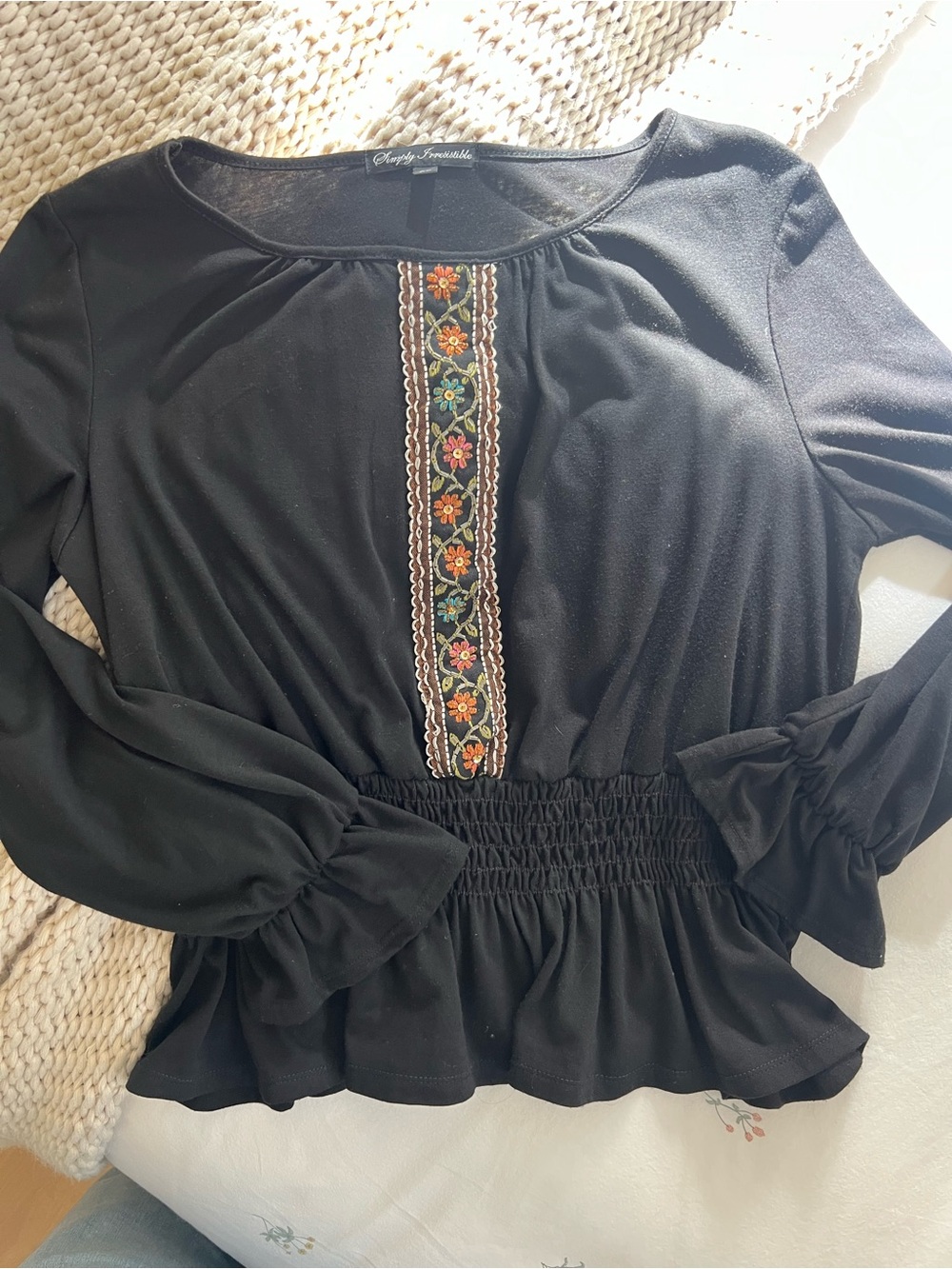 Simply Irresistible Black Blouse with Multicolor Embroidered Front Panel